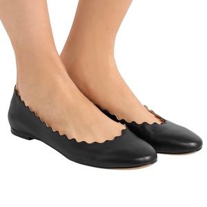 Chloe Lauren Laser-Cut Leather Scalloped Topline Black Ballet Flats, Size 38.5